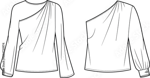 One shoulder blouse, asymmetrical top design, fashion CAD sketch, gathered sleeve detail, flat vector illustration, women’s wear technical drawing