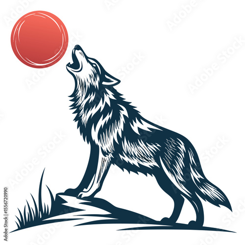Solitary wolf howling at a billiards ball moon, isolated on black. Dramatic, powerful image.