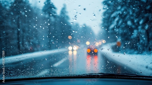 Snowy road view through a car window
