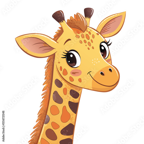 Cute giraffe head illustration. Tiny horns, smiley eyes, yellow and brown spots. Fun, playful design.