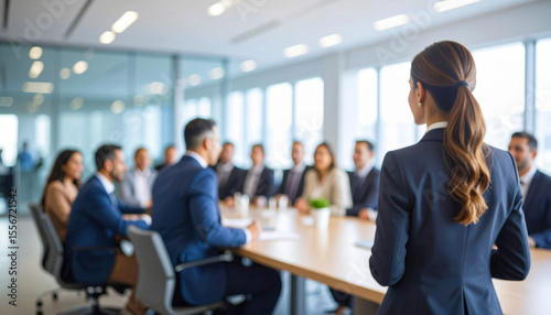 Professional Woman Leading Business Presentation in Modern Office