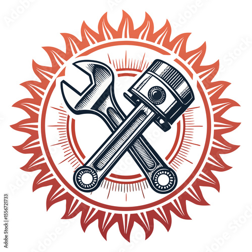 A wrench, piston, gear crossed, fire background. Mechanical, industrial power icon. Detailed, stylized design.