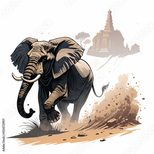 Powerful elephant charges, dust clouds swirling near ancient temple ruins, dramatic.
