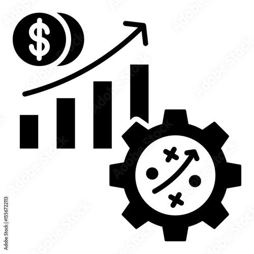 A solid style icon illustrating Sales strategy, featuring a bar chart, money, and a planning gear for business