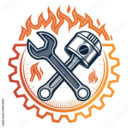 Wrench and piston crossed over a gear engulfed in flames. Industrial power, mechanical, and fiery concept.