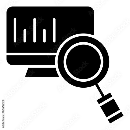 Data analysis solid style icon featuring a magnifying glass over a computer monitor with a bar chart, representing business research and search