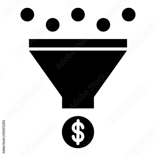 A solid glyph style icon illustrating a sales funnel converting leads into revenue, symbolized by a dollar sign