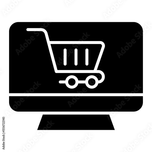 Online store cart on a computer screen, a solid black filled style vector icon for digital commerce