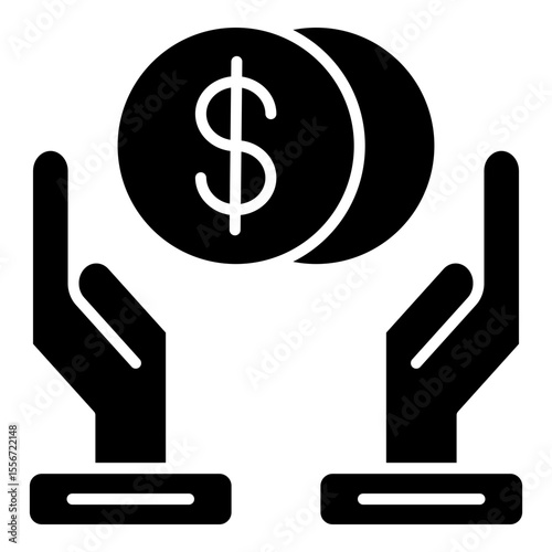 A solid glyph style icon payment with hands holding dollar coins, symbolizing financial concepts like savings and investment