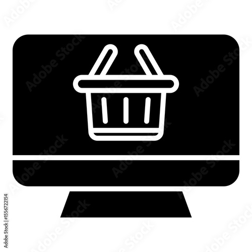 E-commerce concept with a shopping basket on a computer screen, a solid glyph style vector icon