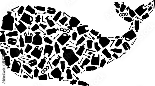 Ocean Animal Silhouette Filled with Garbage, Marine Pollution and Wildlife Impact