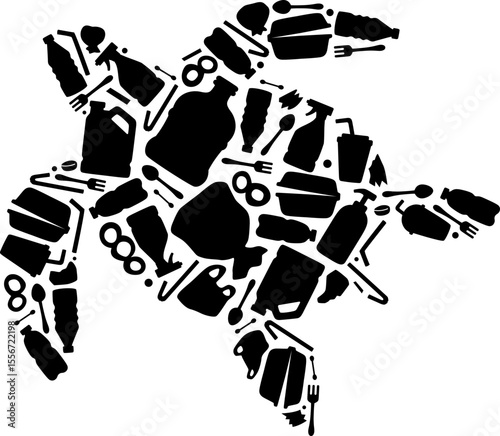 Ocean Animal Silhouette Filled with Garbage, Marine Pollution and Wildlife Impact