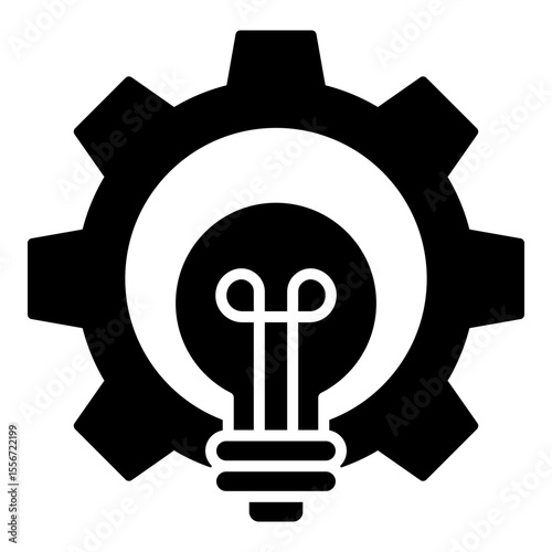 Solid glyph style icon strategy, with a lightbulb inside a gear symbolizing creative process and new ideas