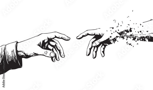 Creation of Adam inspired conceptual digital art with human hand and robot hand on white background