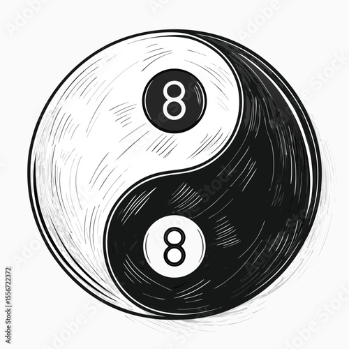 Isometric yin yang symbol created with a black 8 ball and a white cue ball, balance concept.