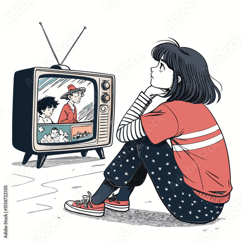 Lofi aesthetics, dreamy girl watching nostalgic anime reruns on a retro CRT TV, cozy bedroom.