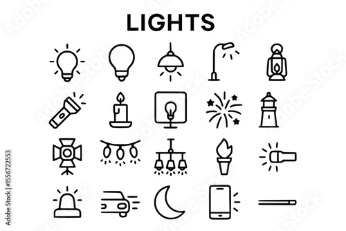 Diverse Lighting & Illumination Line Icons: Bulbs, Fixtures & Light Sources Vector Set
