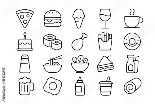 Food & Drink Line Icons: Restaurant, Fast Food & Cuisine Vector Set