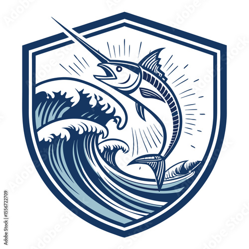 Badge design Ocean wave crest with a swordfish silhouette. Circular, vibrant colors, nautical style.