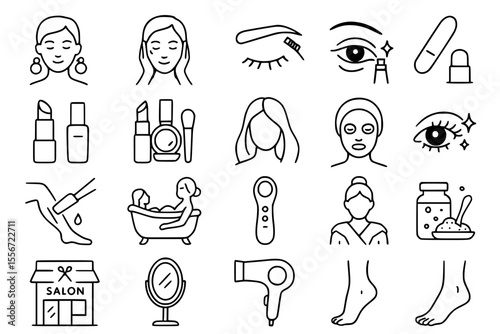 Beauty & Skincare Line Icons: Cosmetics, Spa & Personal Care Vector Set