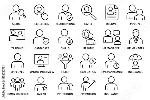 Human Resources & Recruitment Line Icons: Talent Acquisition & Career Development Vector Set