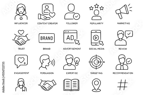 Influencer Marketing & Social Media Line Icons: Digital Content & Brand Promotion Vector Set