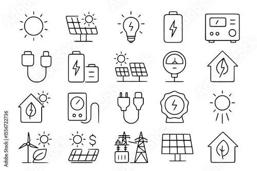 Solar Energy & Renewable Power Line Icons: Green Technology & Sustainable Future Vector Set