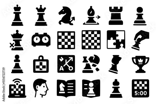 Minimalist Chess Game Line Icons: Strategy, Competition & Board Game Vector Set