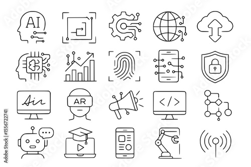 Digitalization & AI Technology Line Icons: Artificial Intelligence, Data & Future Tech Vector Set