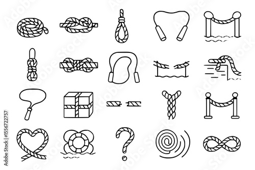 Rope & Knots Line Icons: Nautical, Connection & Safety Vector Set