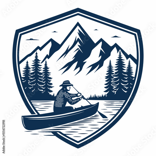 Badge depicting fisherman in canoe, mountain reflection. Detailed, circular design, vintage style.