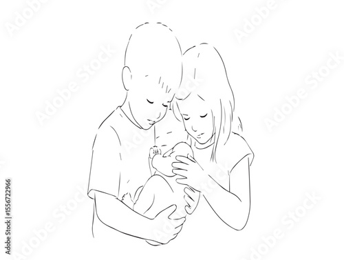 Brother and sister holding newborn baby in line art illustration on white background