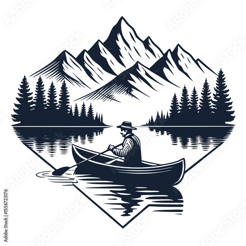 Badge depicting a fisherman in a canoe, mountain reflection in water, vintage style.