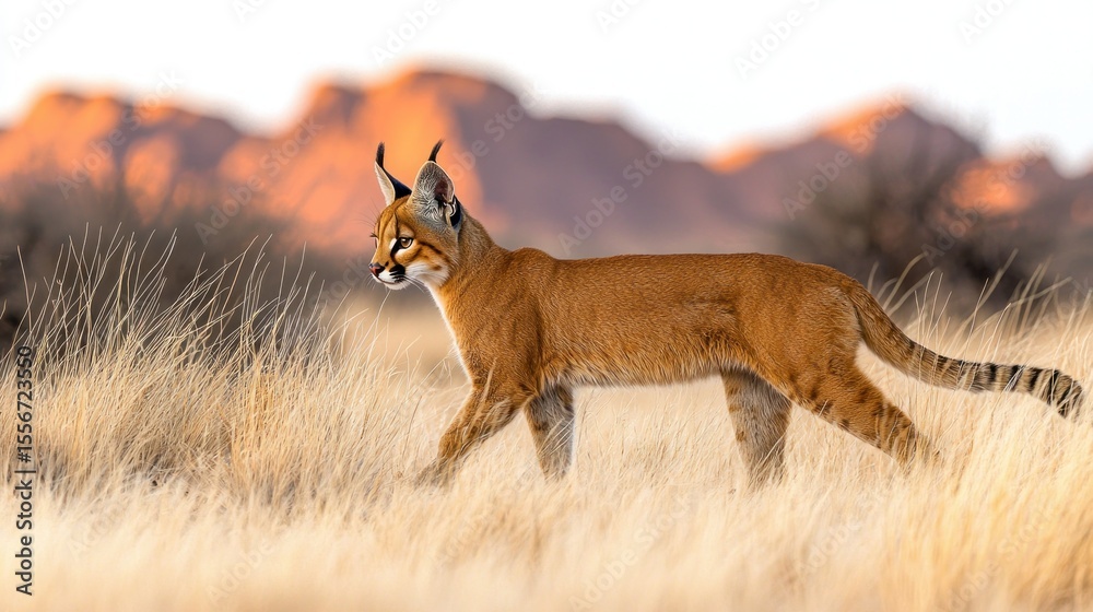 Fototapeta premium Caracal kitten, golden fur, walks through tall grass, desert landscape