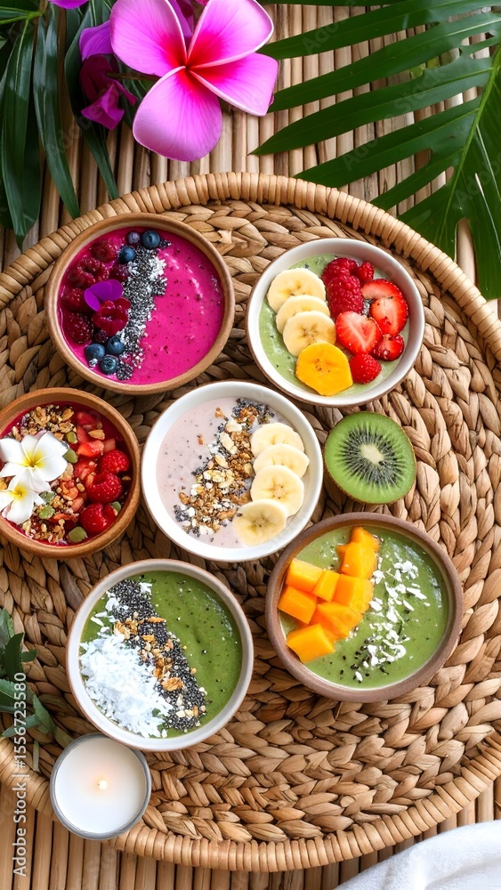 A variety of smooth smoothies displayed beautifully on a vibrant wicker background A variety of smooth smoothies displayed beautifully on a vibrant wicker background