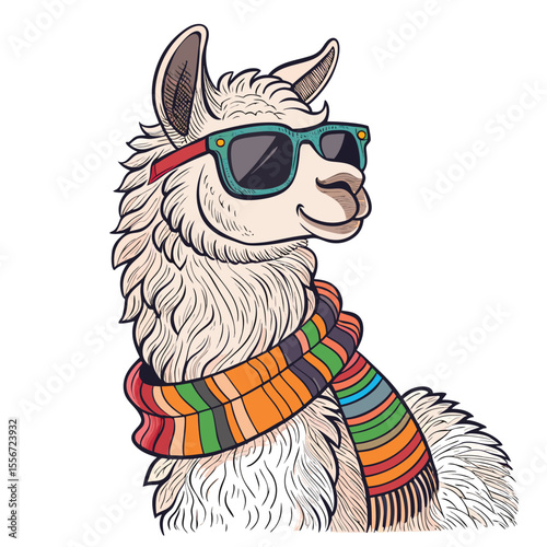 Fluffy alpaca wearing sunglasses and a colorful scarf, isolated on a white background, portrait.