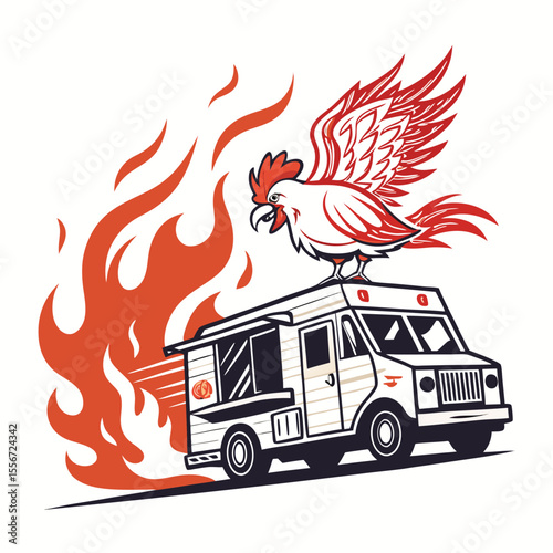 Bold, dynamic logo. A confident chicken riding a food truck speeds forward. Abstract "f" background.