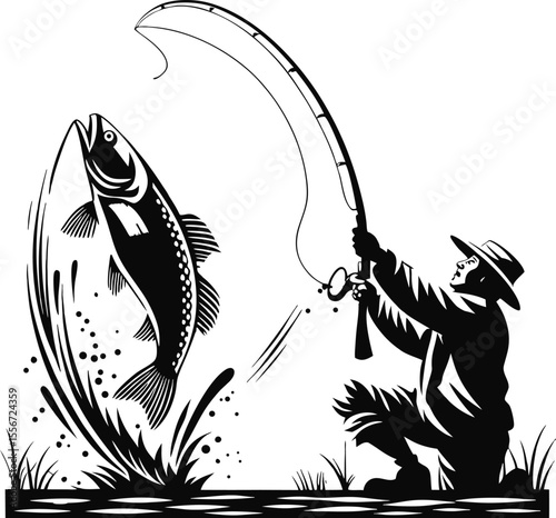 Illustrative graphic design featuring fishing elements and vibrant colors