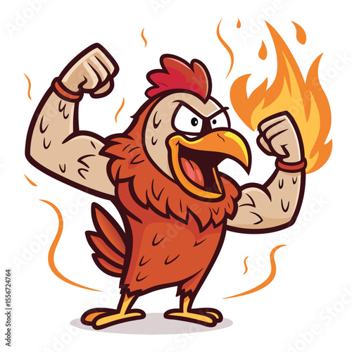 Cartoon burned fried chicken flexing muscles logo. Chicken, mascot, humorous, strength, crispy, dark.