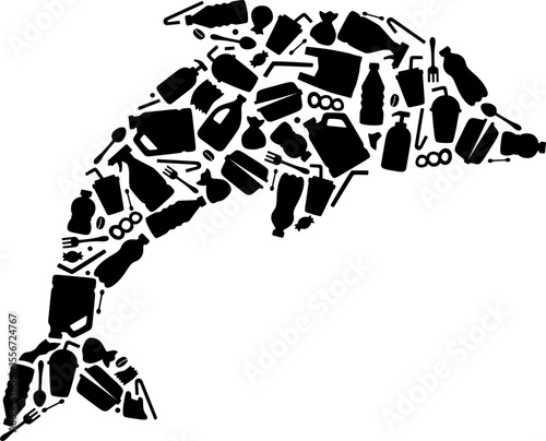 Ocean Animal Silhouette Filled with Garbage, Marine Pollution and Wildlife Impact