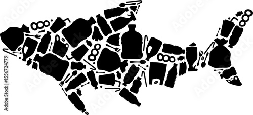 Ocean Animal Silhouette Filled with Garbage, Marine Pollution and Wildlife Impact