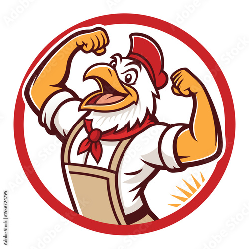 Burned, crisp fried chicken cartoon character flexing biceps, mascot logo design, comical, strong.