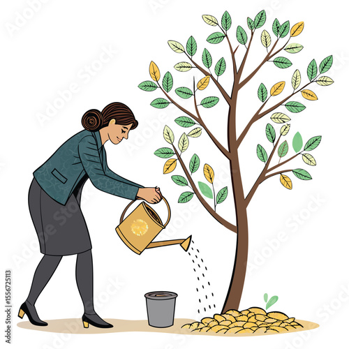 A successful businesswoman confidently plants a sapling money tree, its leaves blossoming into dollar bills; signifying financial growth and prosperity.