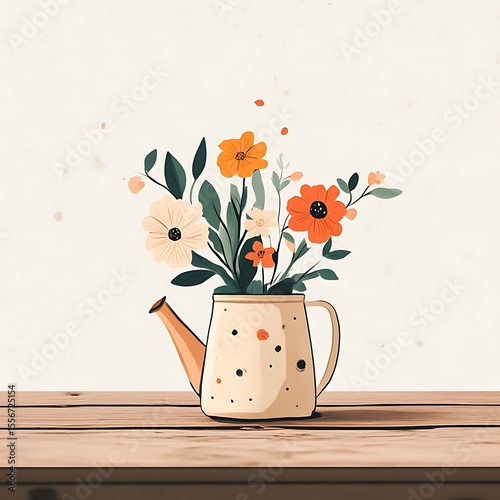 Floral bouquet in a vintage watering can on a wooden table