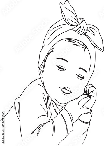 Line art of sleeping baby with headscarf on white background