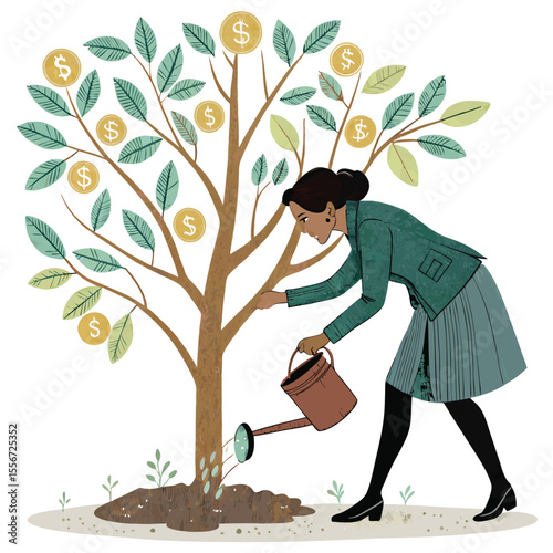 A confident businesswoman carefully plants a sapling, a money tree, symbolizing financial growth and investment.  The tree sprouts dollar bills.