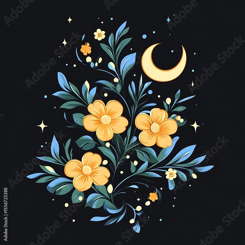 Floral bouquet, night sky, celestial design