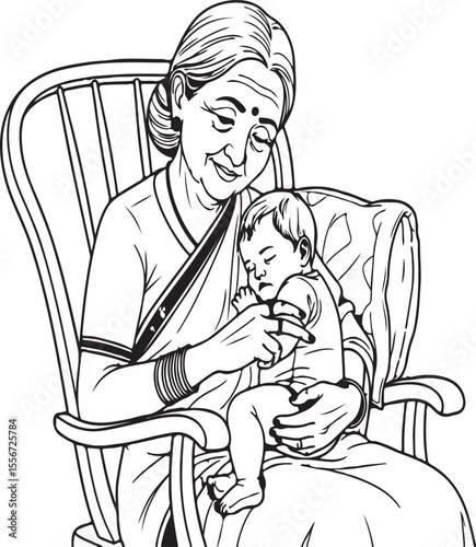 Grandmother holding her sleeping grandchild in a rocking chair vector illustration