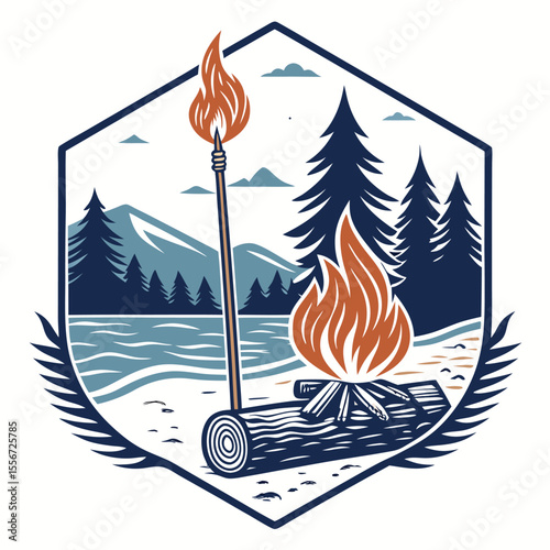 A rustic campfire emblem, a sturdy wooden pole firmly planted in sandy beach soil near a river, evokes warmth and adventure.