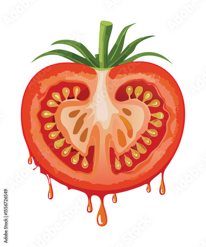 Juicy Tomato Half Dripping Fresh Liquid - Vector Illustration
